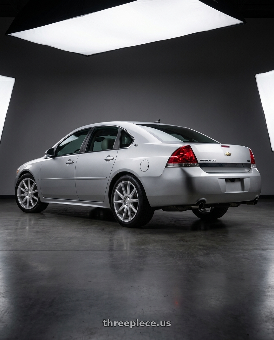 2009 chevy impala ltz with RAVETTI M9 4X100/4X114.3 17x7.5 +40 SILVER MACHINED wheels rear three quarter view square tires