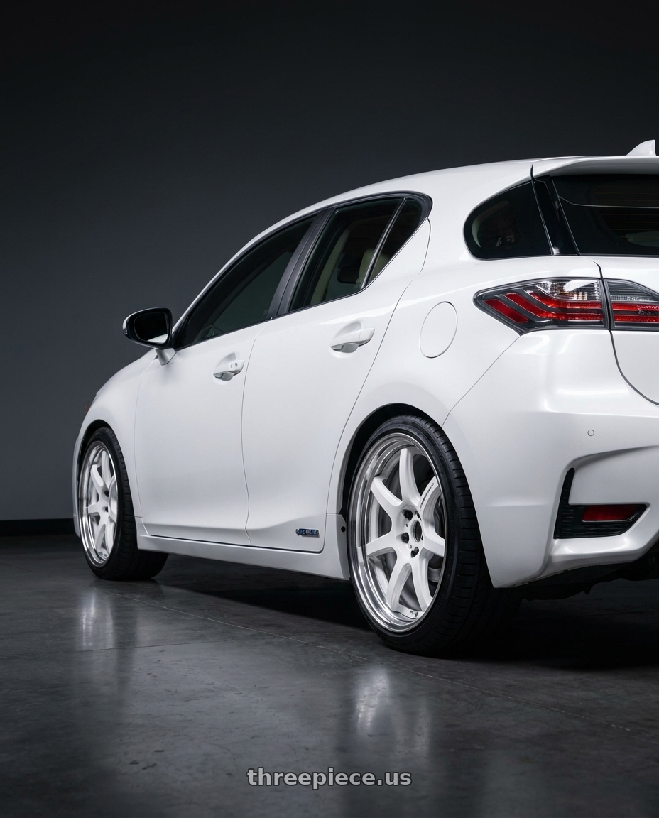 2016 Lexus CT200H with Work T7r 2P 5x100 18x8 +38 WHITE wheels rear three quarter view square tires