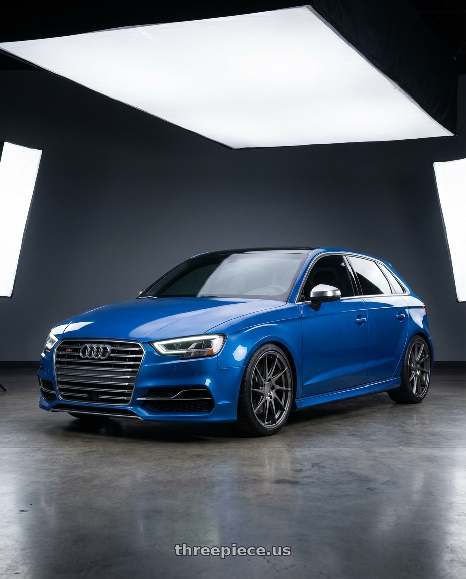 2019 Audi S3 8V with Aodhan AH09 5x112 18x9.5 +35 Hyper Black wheels front three quarter view lowered stance