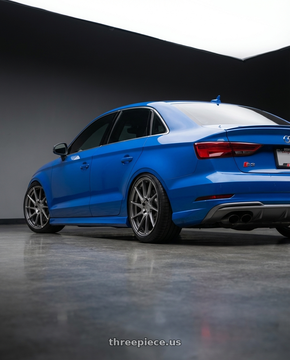 2019 Audi S3 8V with Aodhan AH09 5x112 18x9.5 +35 Hyper Black wheels rear three quarter view square tires
