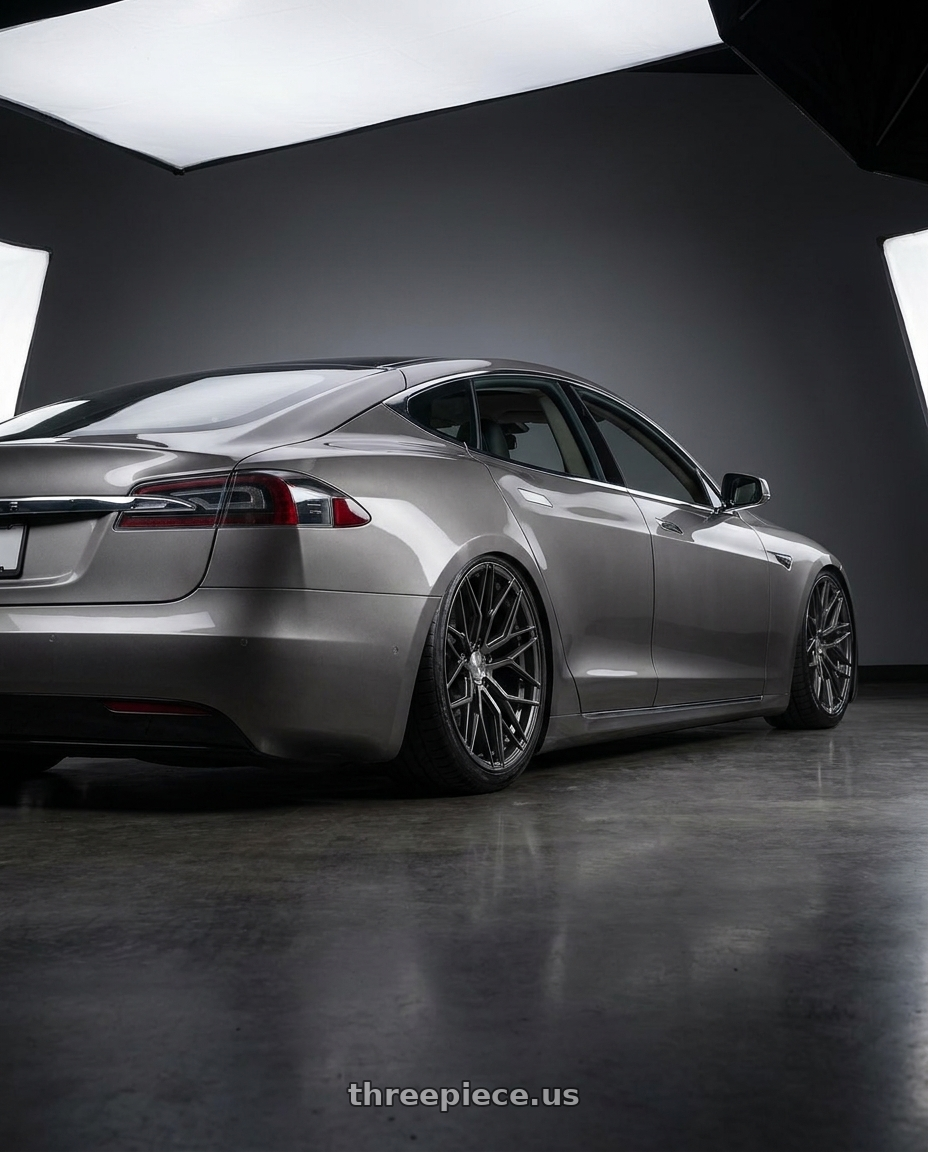 2018 Tesla Model S with Avant Garde Wheels M520R 5X120 21x12 +52 Dark Graphite Metallic wheels rear three quarter view slight stretch tires