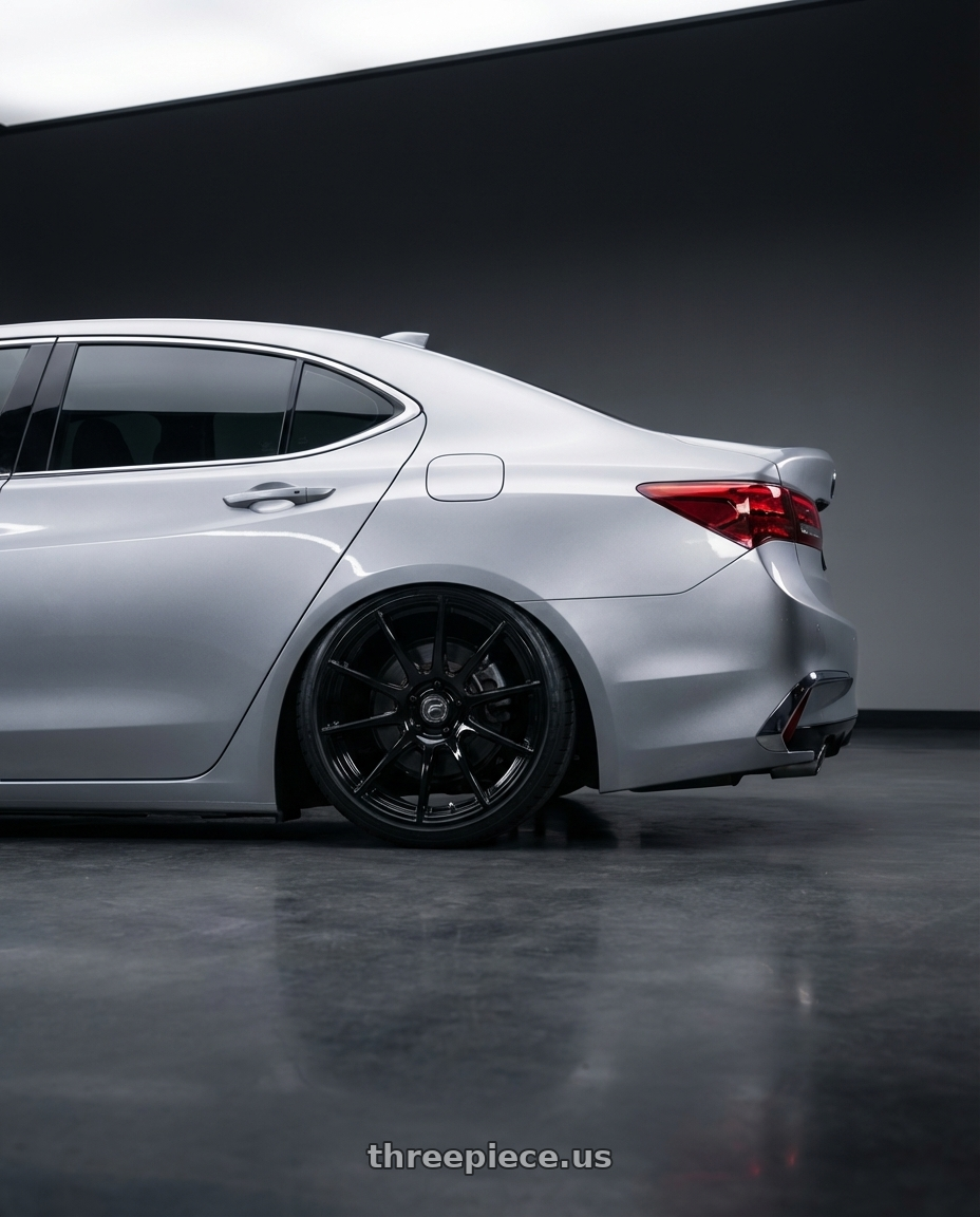 2019 Acura TLX with Forgestar CF10 5x114.3 20x9 +35 Gloss Black wheels rear three quarter view slight stretch tires