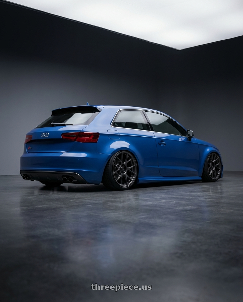 2019 Audi S3 8V with Konig Ampliform 5x112 19x8.5+32 Dark Metallic Graphite wheels rear three quarter view slight stretch tires