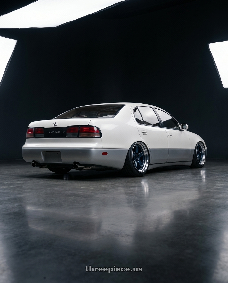 1992 Lexus GS300 with Volk Racing 21C 5x114.3 18x10.5 +15 MAG BLUE / RIM DC wheels rear three quarter view slight stretch tires