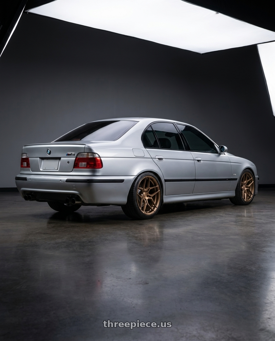 2003 BMW M5 with Rohana RFX11 5x120 19x9.5+20 Brushed Bronze wheels rear three quarter view square tires