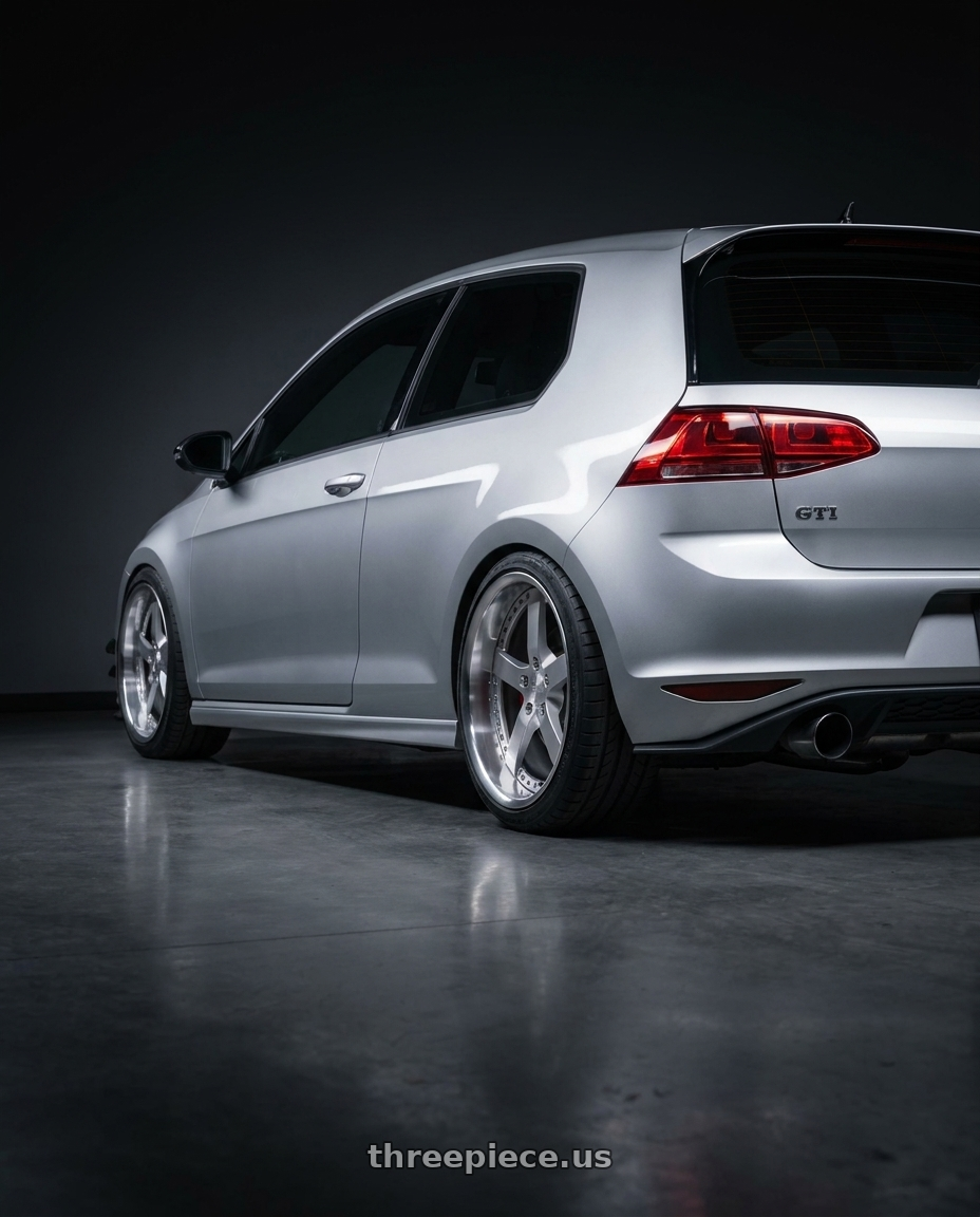 2015 VW GTI with Work Equip E05 5x112 19x9+40 o disk Feinheit Silver 2 wheels rear three quarter view square tires