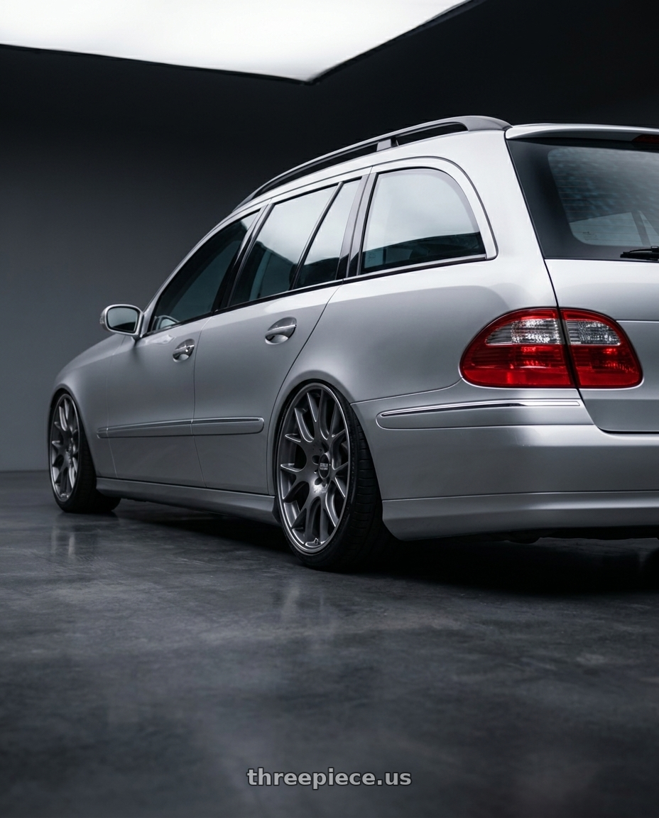 2005 Benz s211 with BBS CH-R 5x114.3 20x8.5 +38 Satin Titanium Polished Rim Protector wheels rear three quarter view slight stretch tires