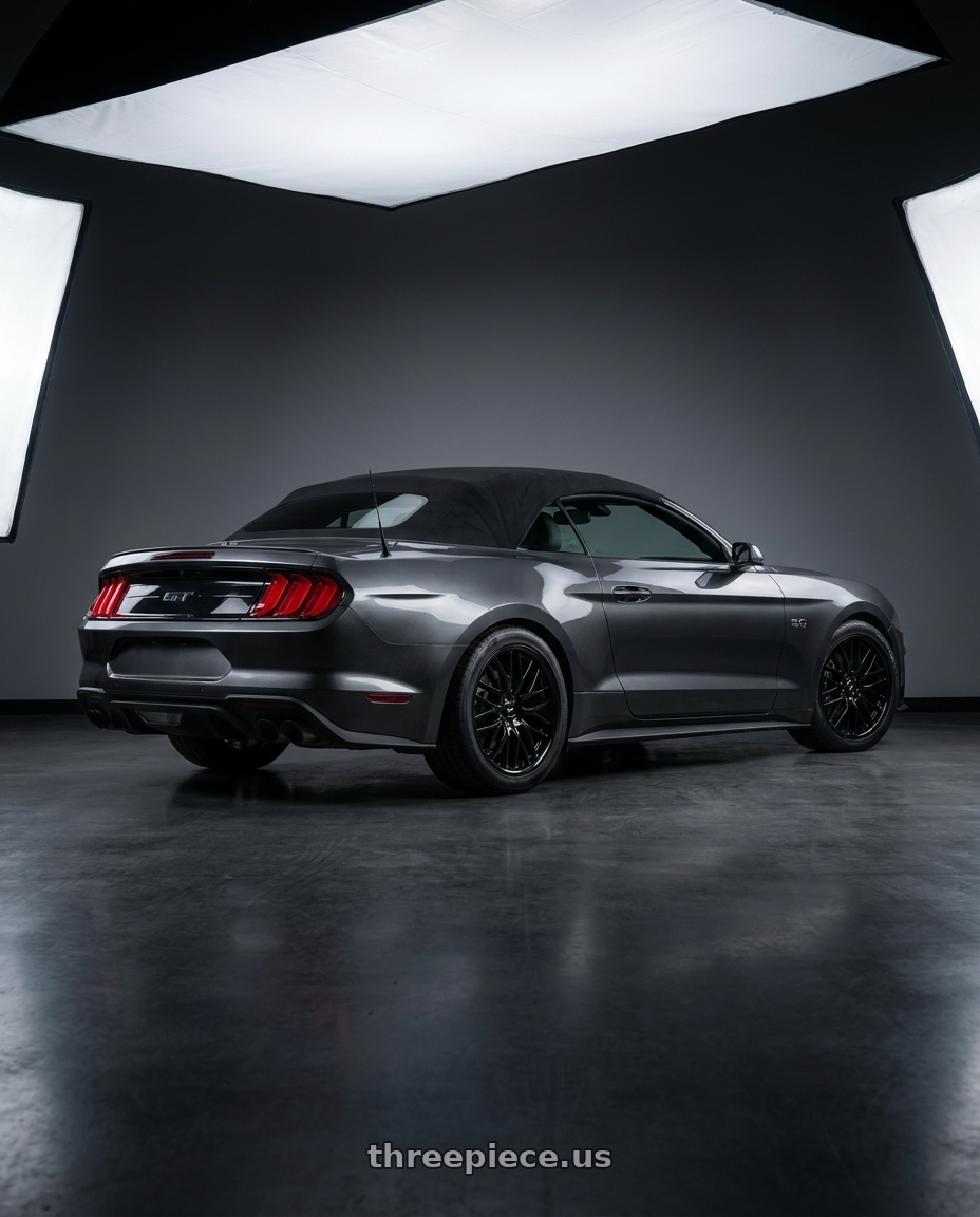 2019 Mustang GT Premium convertible  with V�xx Masi 5x114.3 19x9.5+42 Gloss Black wheels rear three quarter view square tires