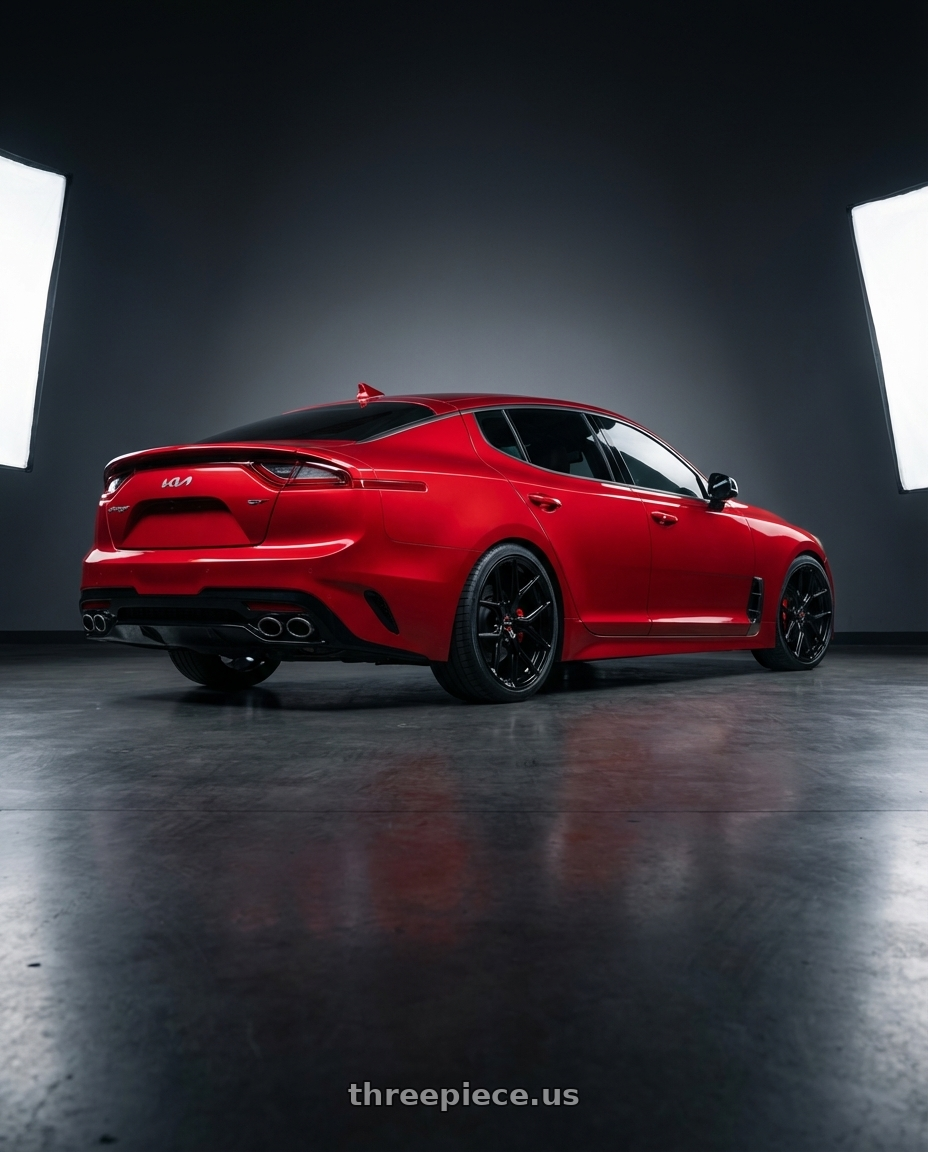 2022 Kia Stinger GT with Vossen HF-5 19x8.5 / 5x114.3 / ET32 / Flat Face / 73.1 - Gloss Black Wheel - HF5-9N60 wheels rear three quarter view square tires