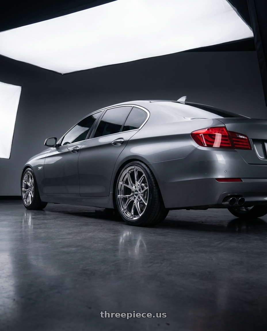 2016 bmw 528i sedan with ESR Wheels RF2 5x120 18x9.5 +35 Chrome wheels rear three quarter view square tires