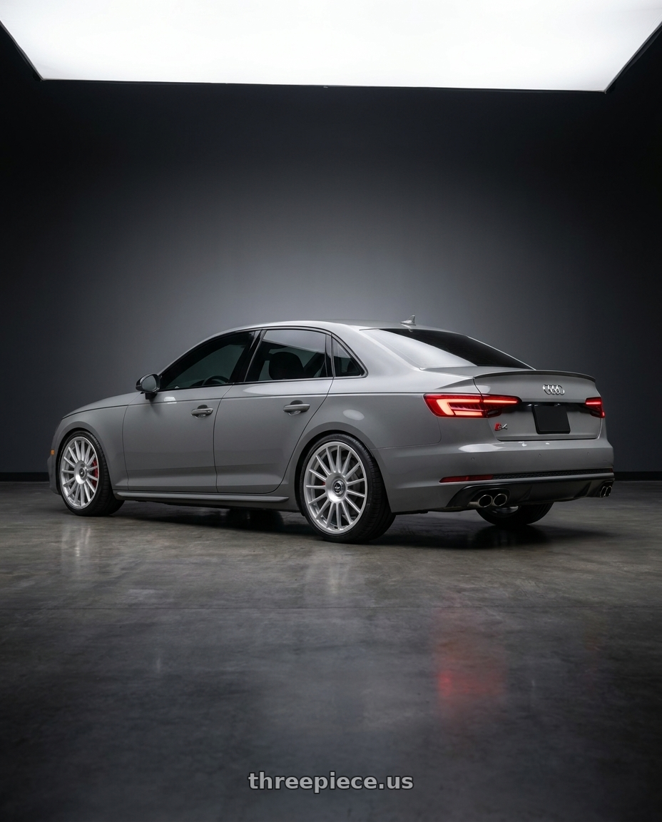 2019 Audi s4 with fifteen52 PODIUM 5x112 / 5x120 18x8.5 +35 SPEED SILVER (GLOSS SILVER) wheels rear three quarter view square tires