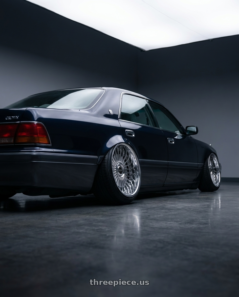 1998 Toyota crown with Work Emitz Chrome 5x114.3 19x11.0 +18 wheels rear three quarter view extreme stretch tires