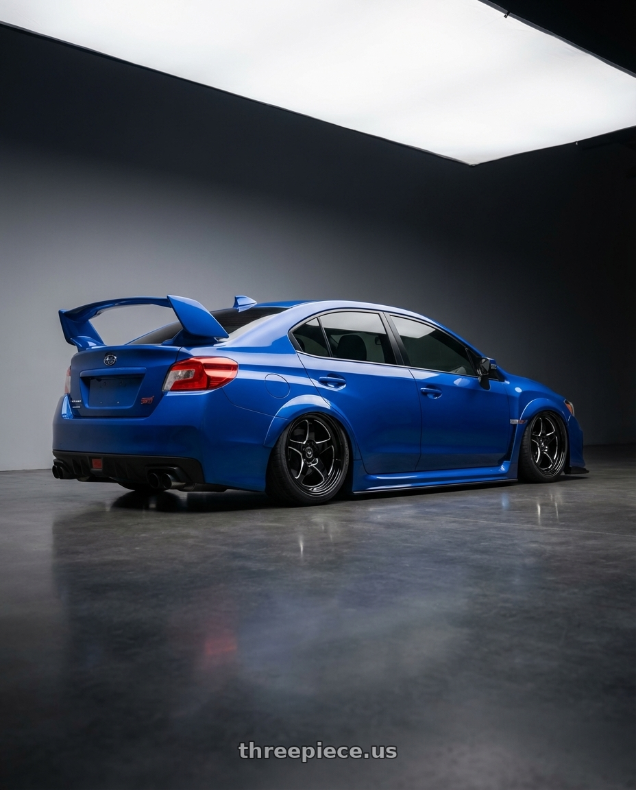 2018 Subaru WRX STI with Forgestar D5 Drag 5x114.3 18x10 +42 Gloss Black Machined wheels rear three quarter view slight stretch tires