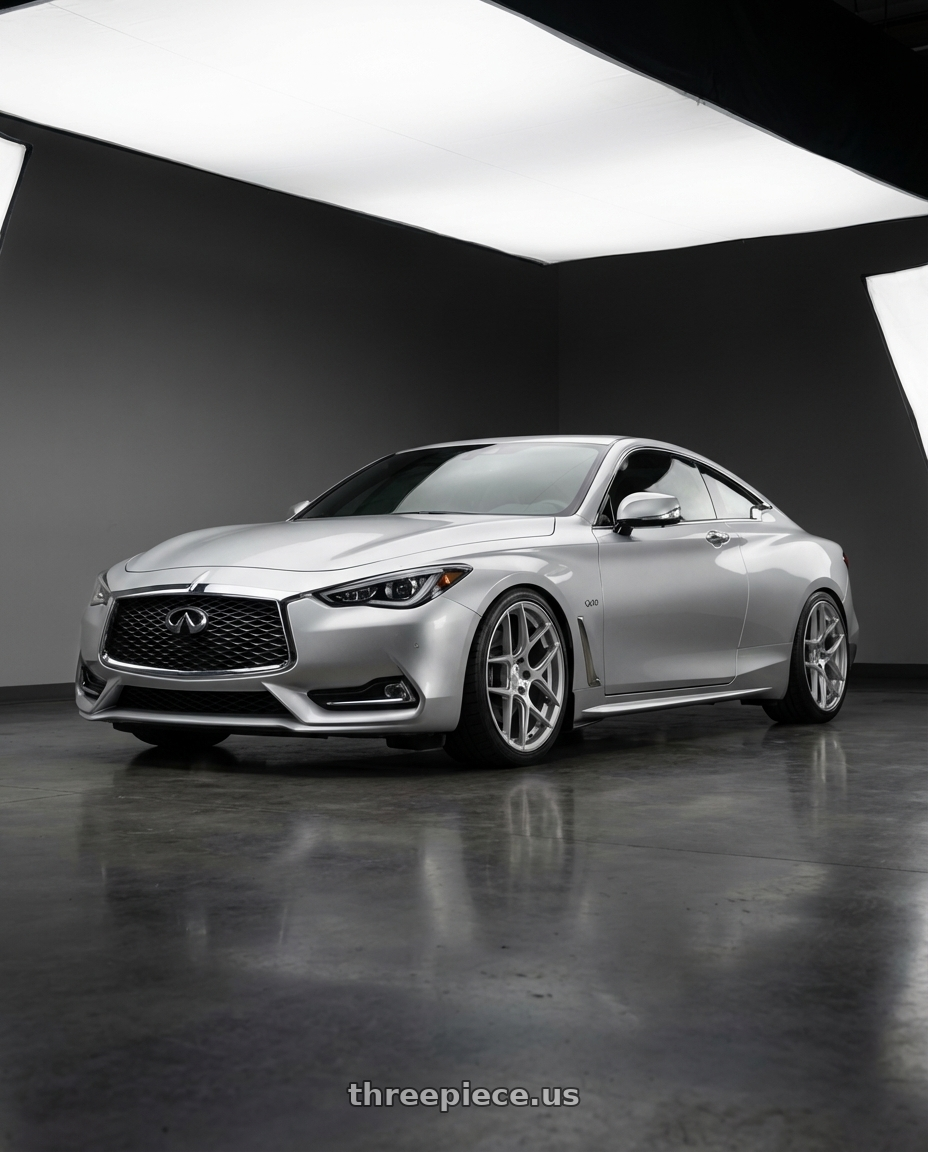2020 Infiniti Q60 with Aodhan AFF2 5x114.3 19x9.5+35 Gloss Silver Machined Face wheels front three quarter view lowered stance