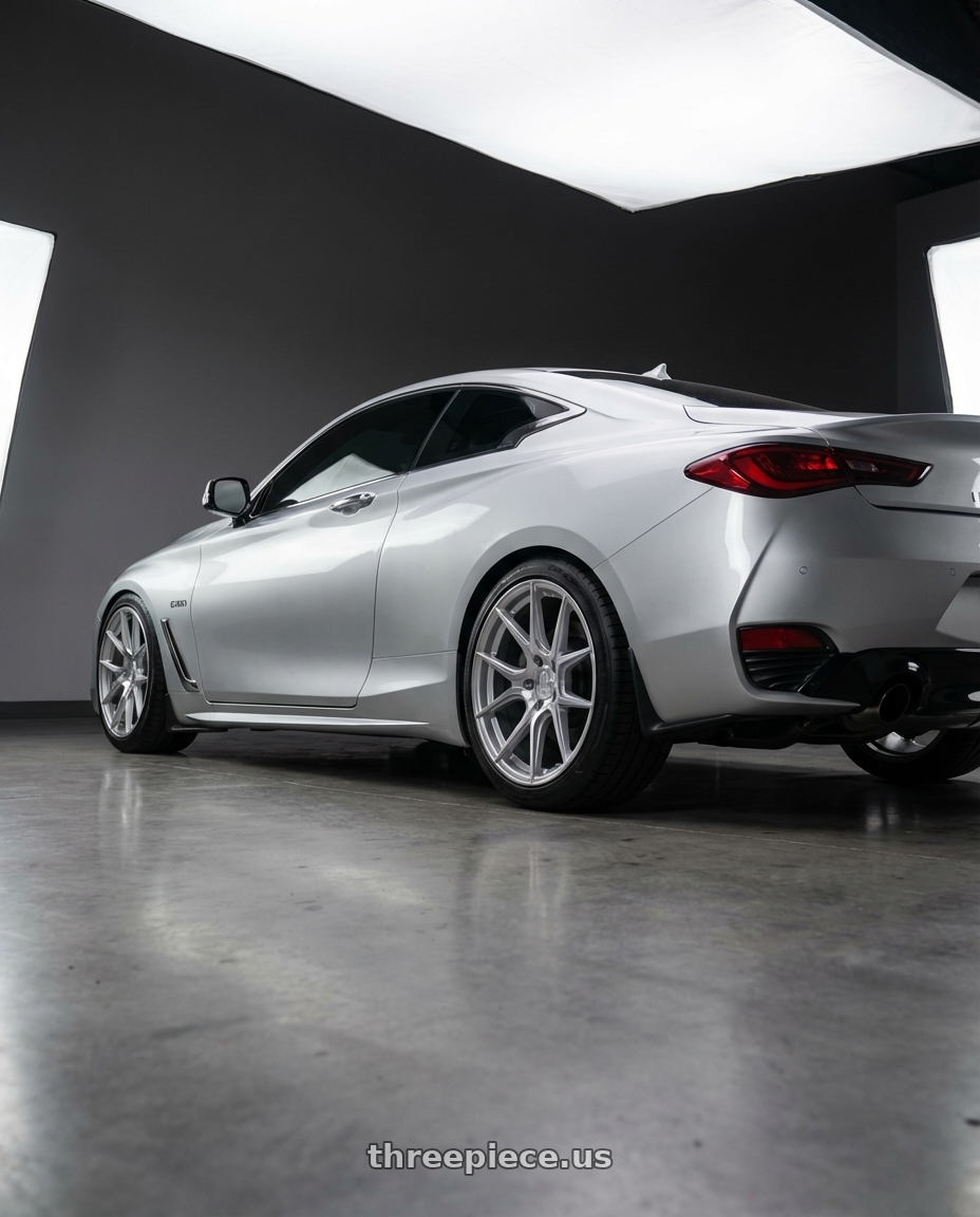 2020 Infiniti Q60 with Aodhan AFF2 5x114.3 19x9.5+35 Gloss Silver Machined Face wheels rear three quarter view square tires