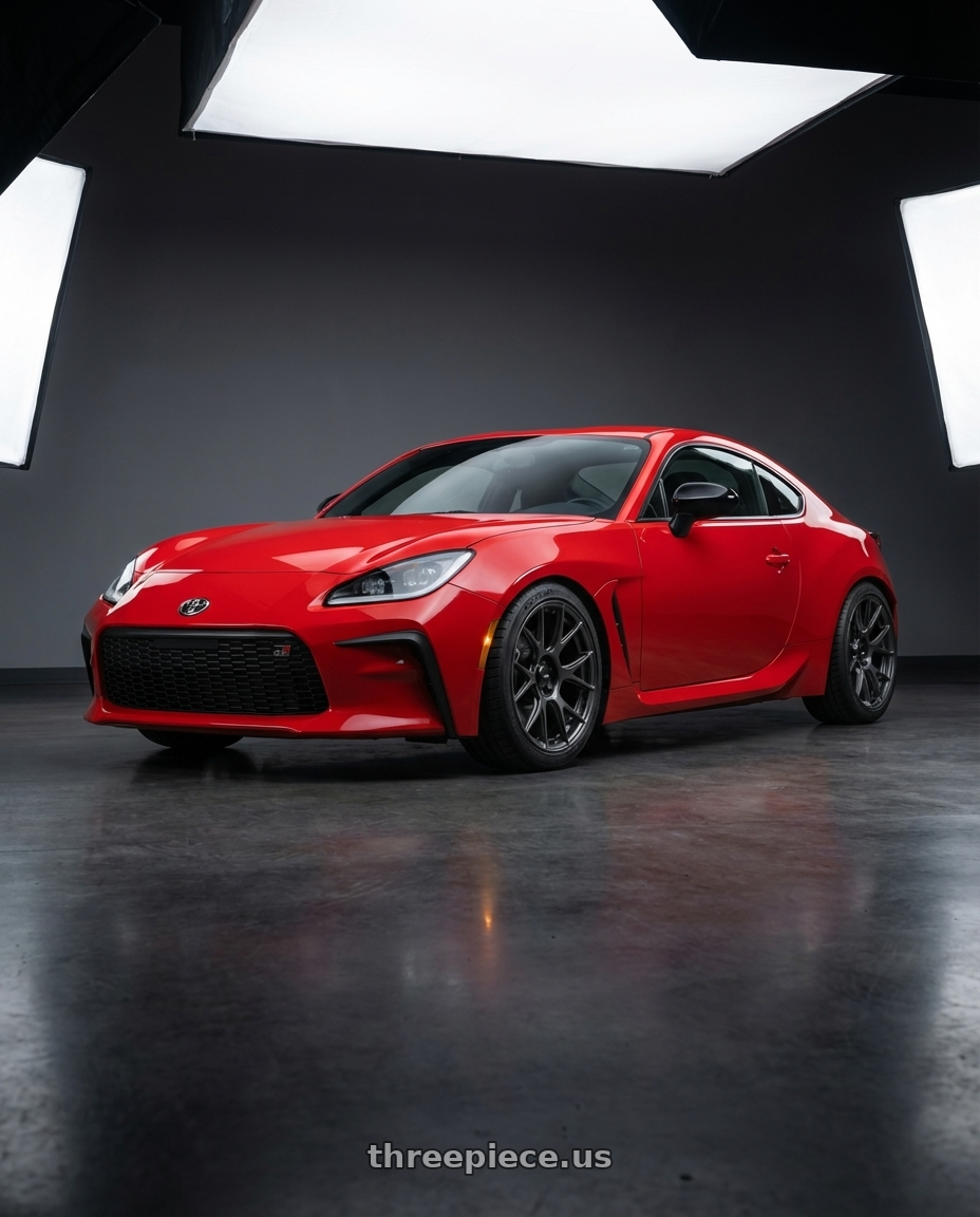 2024 Toyota GR86 with Konig Ampliform 5x114.3 18x10+20 Dark Metallic Graphite wheels front three quarter view lowered stance