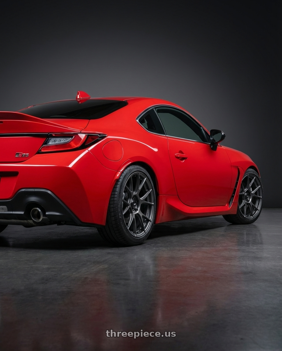 2024 Toyota GR86 with Konig Ampliform 5x114.3 18x10+20 Dark Metallic Graphite wheels rear three quarter view square tires