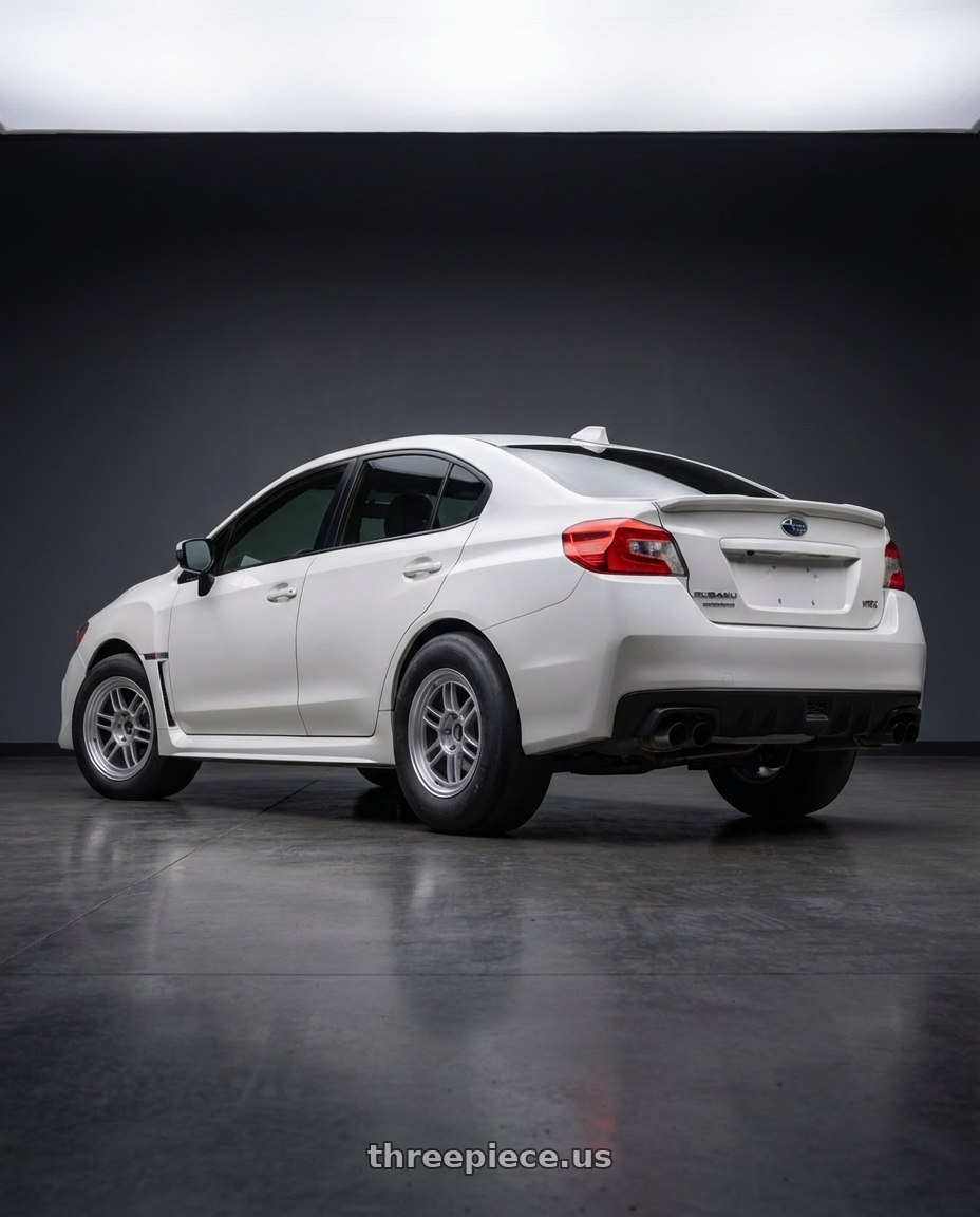 2017 Subaru WRX Limited, Crystal Pearl White with Enkei RPF1 5x114.3 18x9+35 Silver wheels rear three quarter view excessive tires