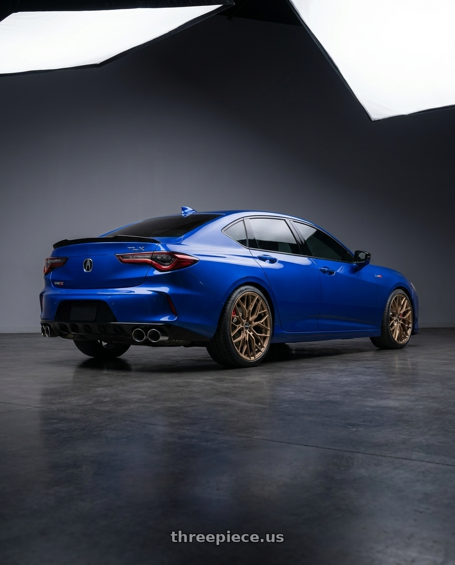 2021 tlx type s apex blue with F1R FS3 5x120 20x9 +35 Matte Bronze wheels rear three quarter view square tires