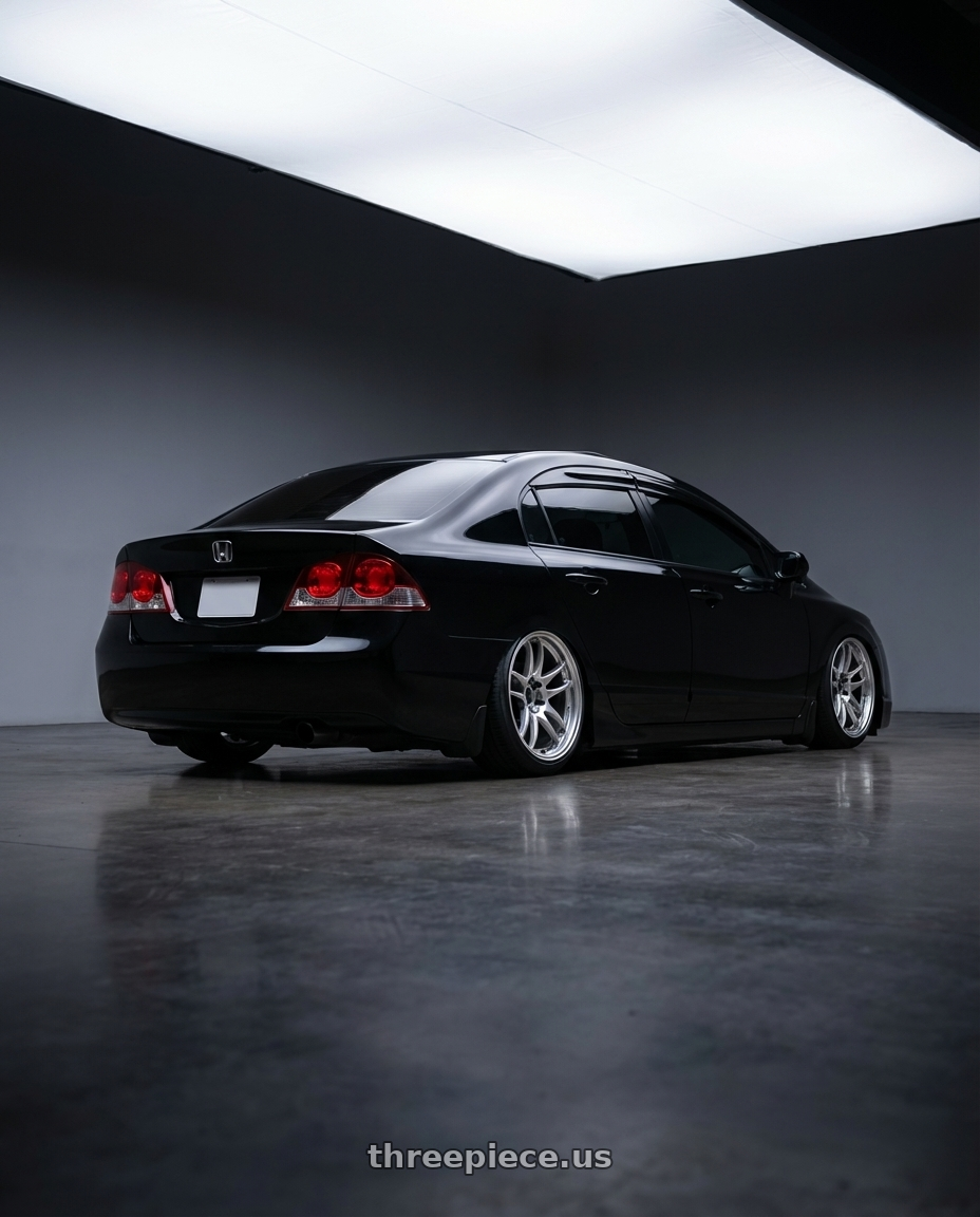 2009 acura csx with Work Emotion Cr Kiwami 5x100 18x9.5 +12 Gt Silver wheels rear three quarter view slight stretch tires