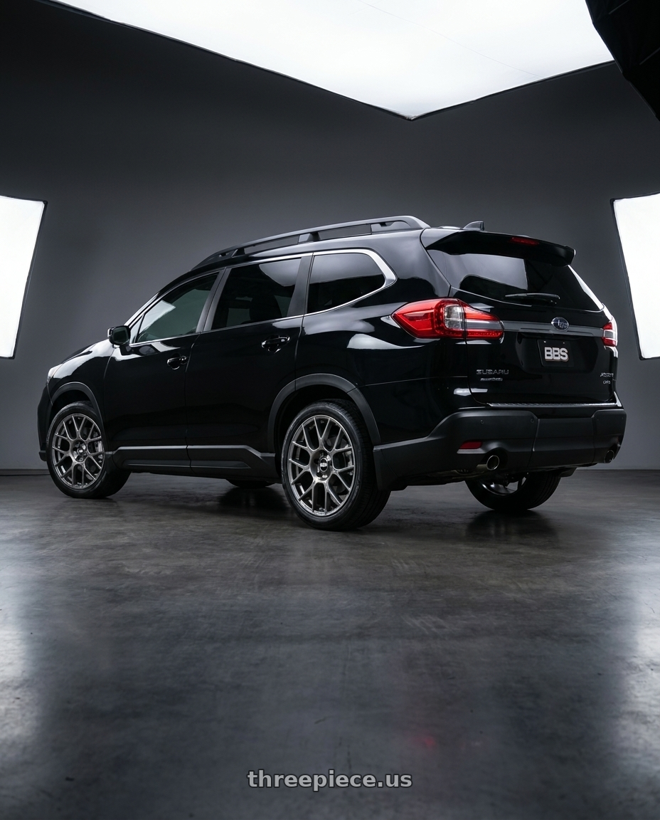 2025 Subaru Ascent Black with BBS XR 5x112 20x8.5+44 Gloss Platinum wheels rear three quarter view square tires