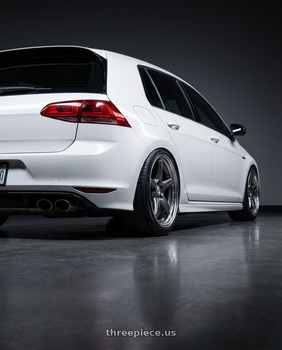 2016 Volkswagen golf r white with Work T5R 2P 5x112 19x9.0 +45 GT SILVER wheels rear three quarter view square tires