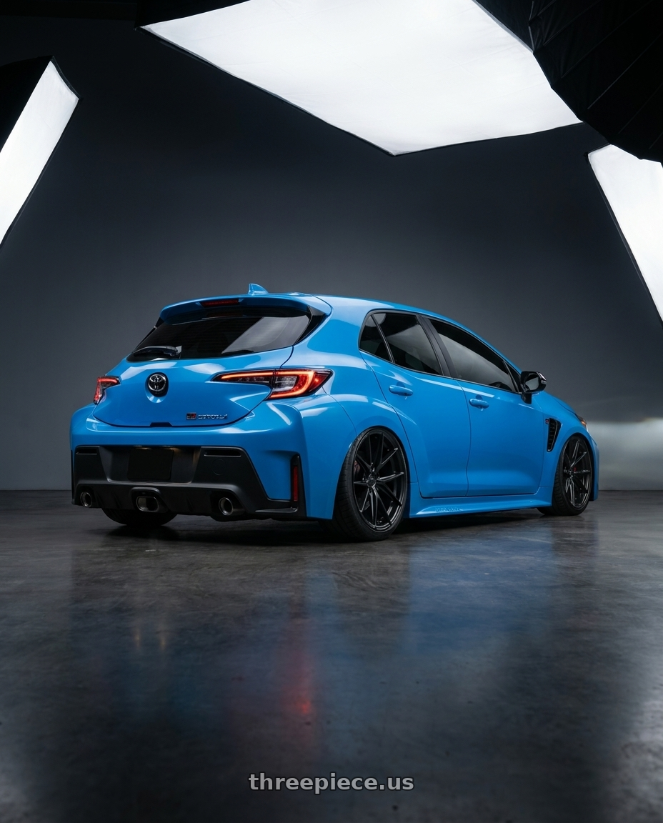 2024 Toyota GR Corolla with Niche 1PC M117 MISANO 5X114.3 18X8 +40 MATTE BLACK wheels rear three quarter view slight stretch tires