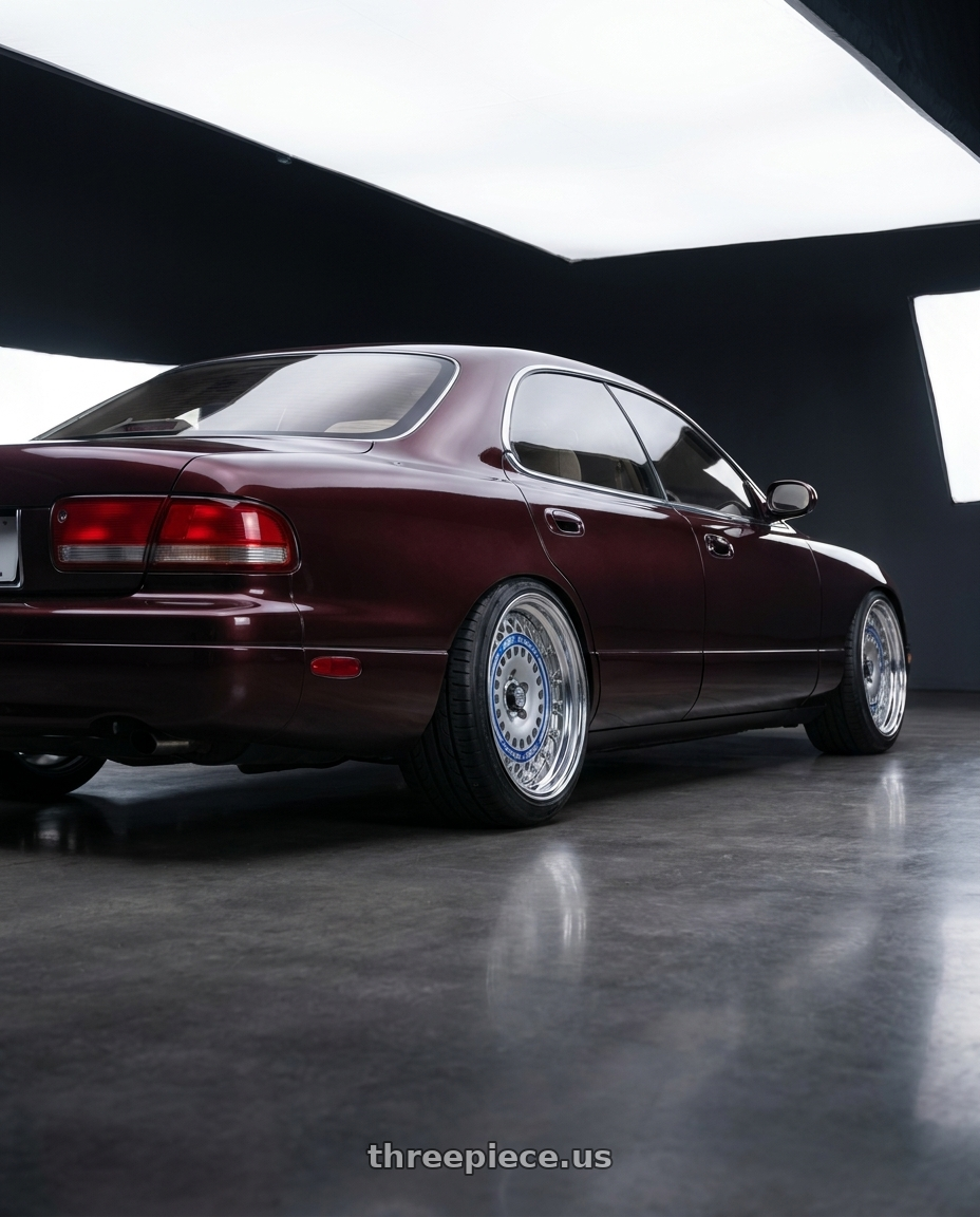 1992 mazda 929 with FORMULA AERO MESH 5X100 18X9.5+25 HP Disk Titan Silver wheels rear three quarter view slight stretch tires