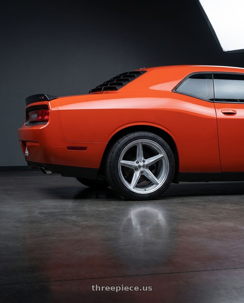 2009 Dodge challenger srt8 with Foose 1PC F174 CF8 5X115 20X10 +20 GLOSS SILVER wheels rear three quarter view meaty tires