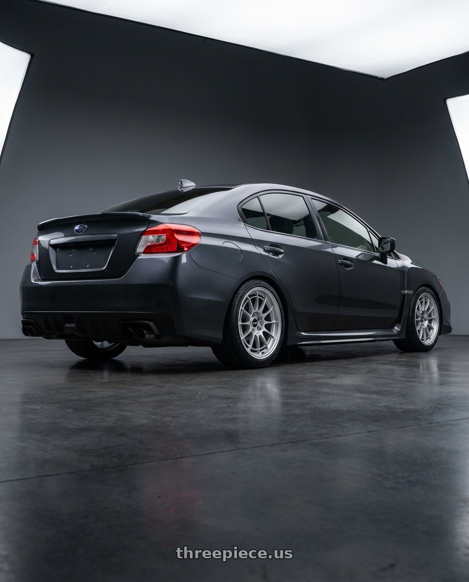 2021 Subaru WRX with Enkei NT03+M 5x114.3 18x8.5+38 Silver wheels rear three quarter view square tires