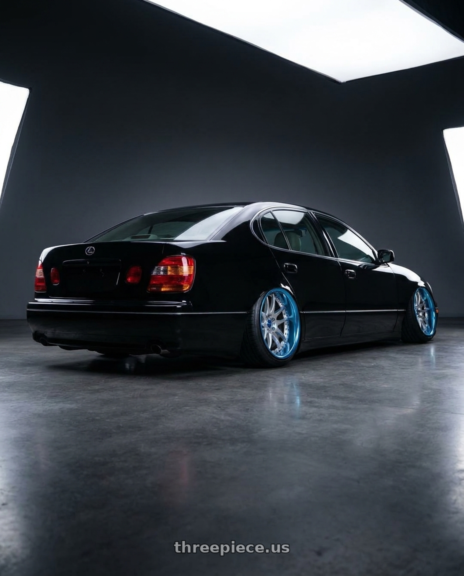 2004 Lexus GS300 with Work Emotion CR 3P wheels rear three quarter view extreme stretch tires