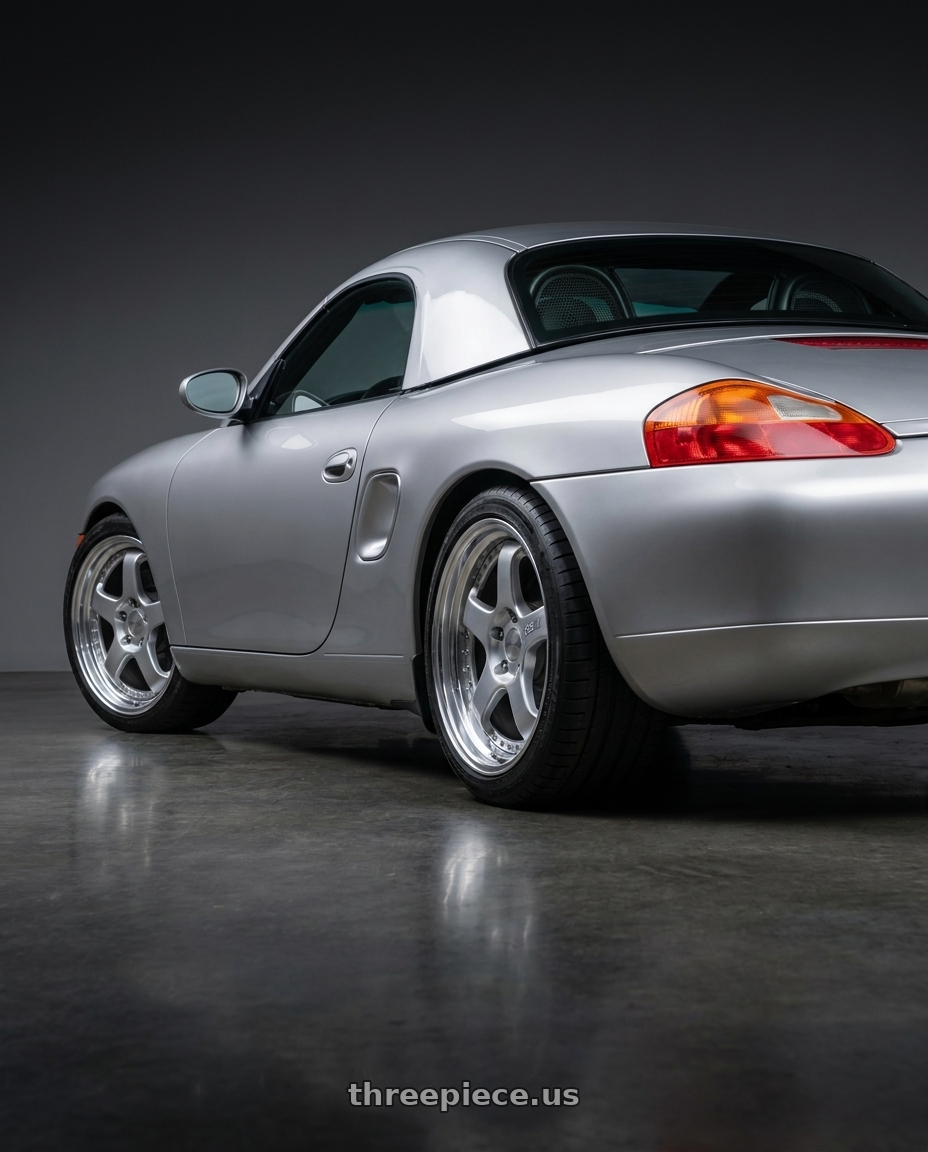 1997 Porsche boxster with SSR Professor SP1 5x130 18X9+49 SL Disk Silver wheels rear three quarter view square tires