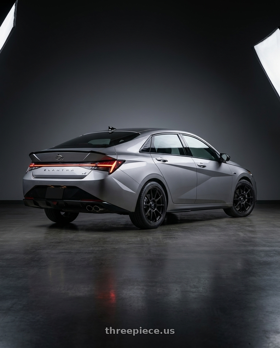 2023 Hyundai Elantra n line with Konig Dekagram 5x114.3 17x8+40 Semi-Matte Black wheels rear three quarter view square tires