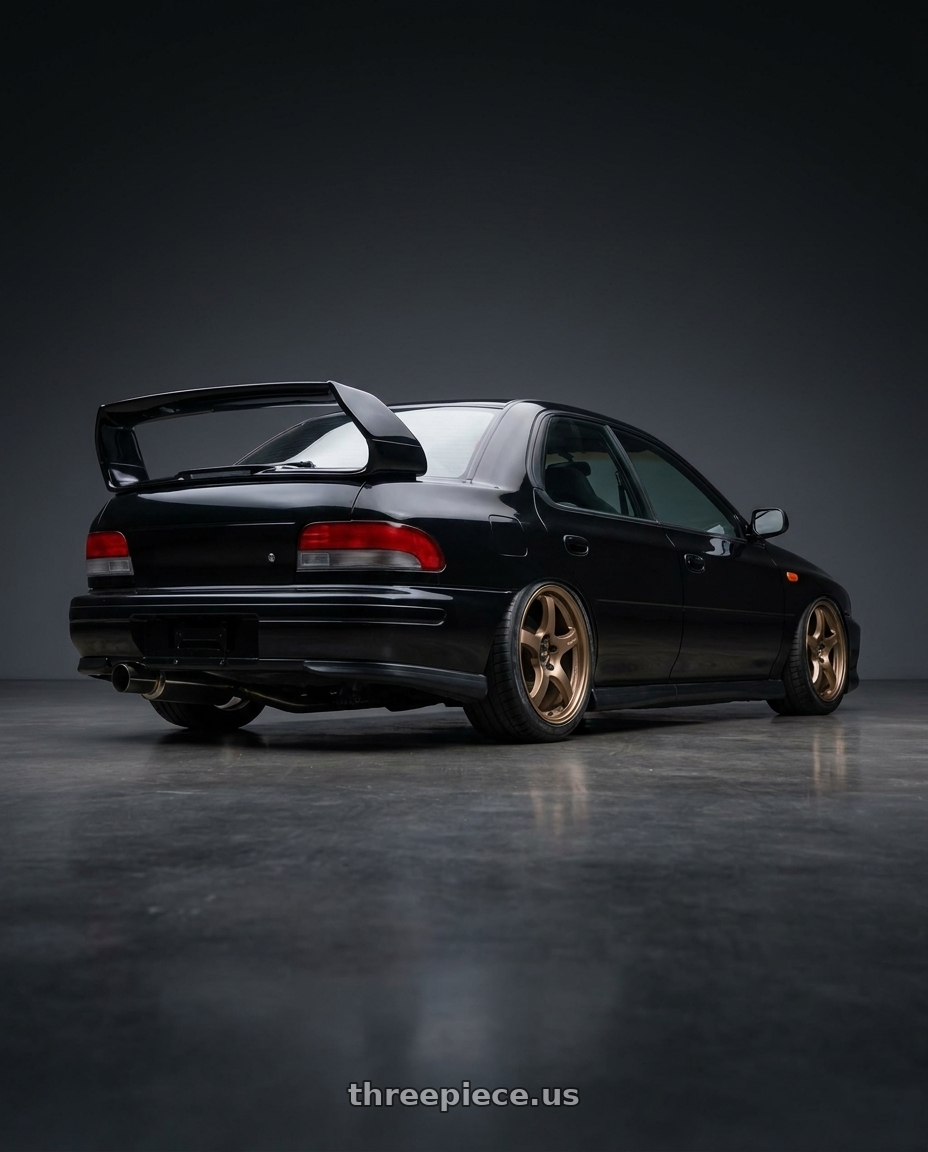 1998 Subaru Impreza GC8  with Gram Lights 57CR 5x100 18x9.5+38 Bronze II wheels rear three quarter view slight stretch tires
