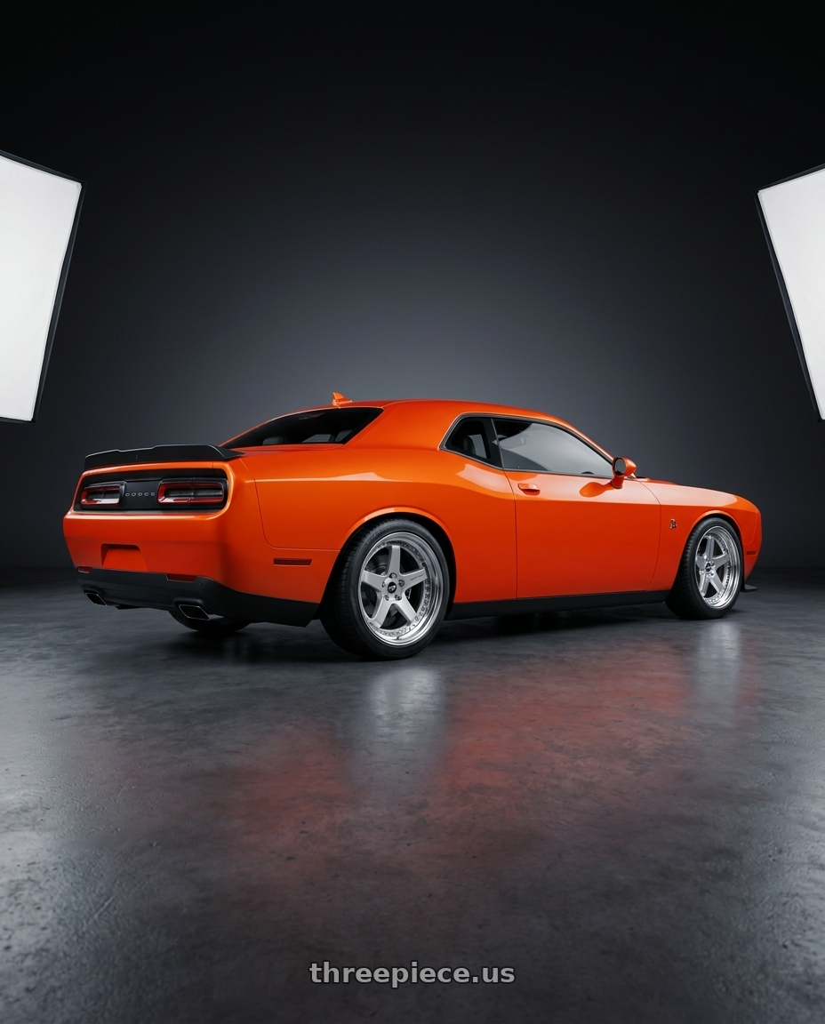 2021 Dodge Challenger RT with Work Zistance W5s 5x115 20x9+18 r disk Brilliant Silver Black wheels rear three quarter view square tires