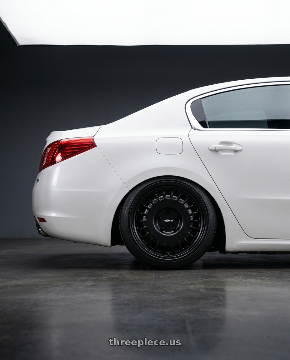 2015 peugeot 508 with Rotiform RC205 PMF 5X112 18x8.5 +45 MATTE BLACK wheels rear three quarter view square tires