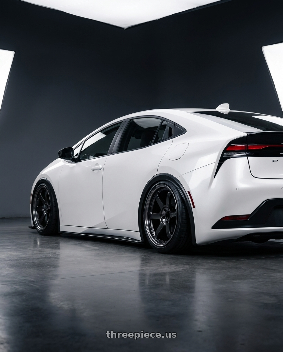 2022 toyota prius with Volk Racing TE37SL 5x114.3 19x10.5+12 Pressed Double Black wheels rear three quarter view slight stretch tires
