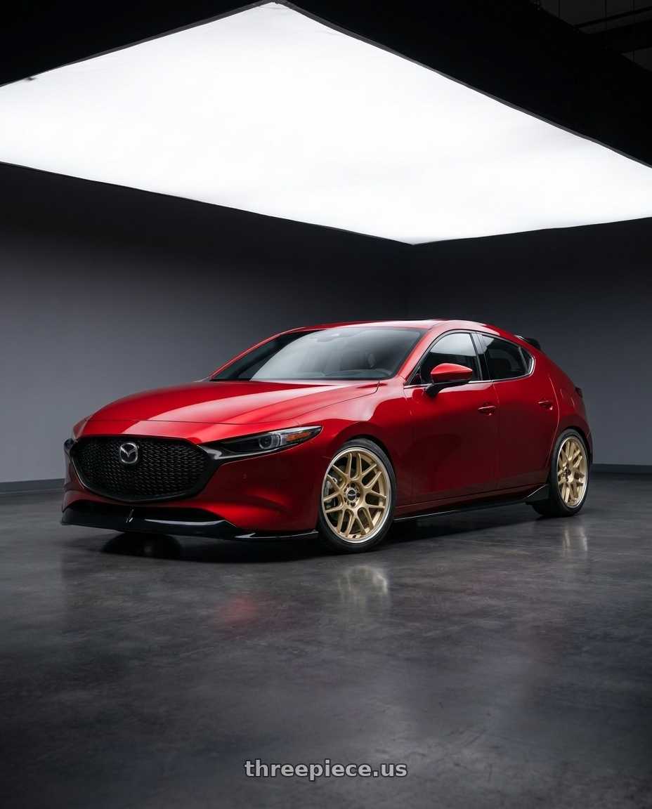 2026 Mazda 3 hatchback soul red, with appearance kit with Motegi MR158 TSUBAKI 5X114.3 18x8.5 +35 MOTORSPORT GOLD W/ MACHINED LIP wheels