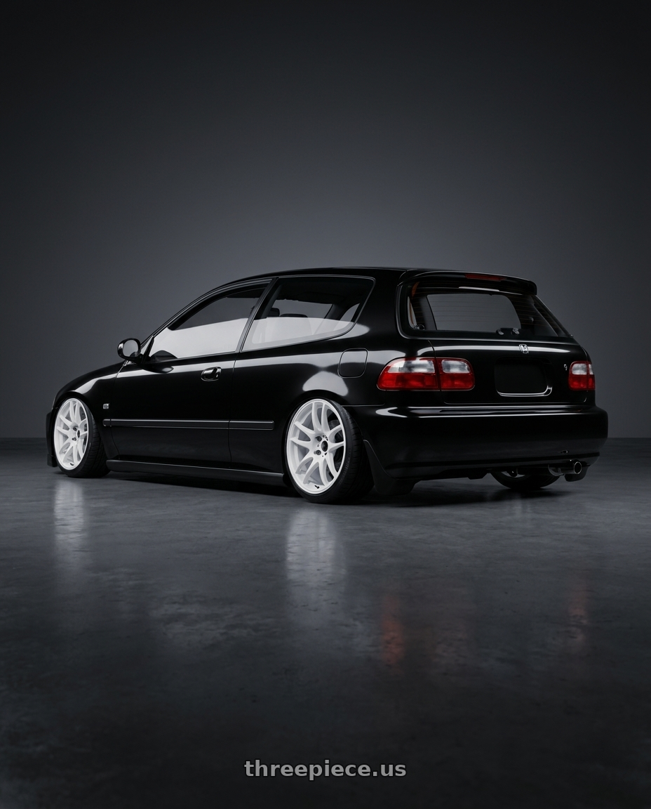 1993 honda civic black with Work Emotion CR Kiwami wheels rear three quarter view slight stretch tires