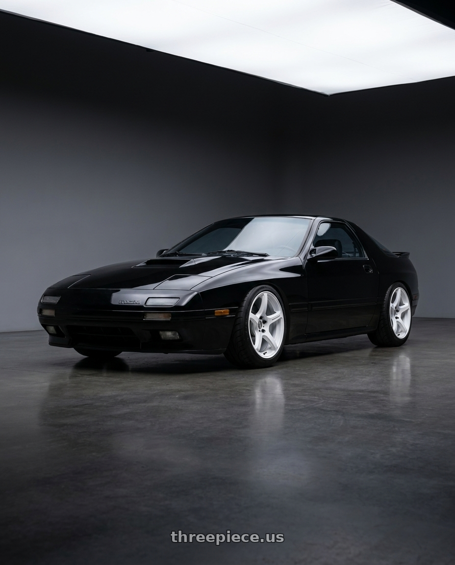 1988 MAZDA RX7 SE Black with Work Emotion T5r 5x114.3 17x9 +22 Ice White wheels