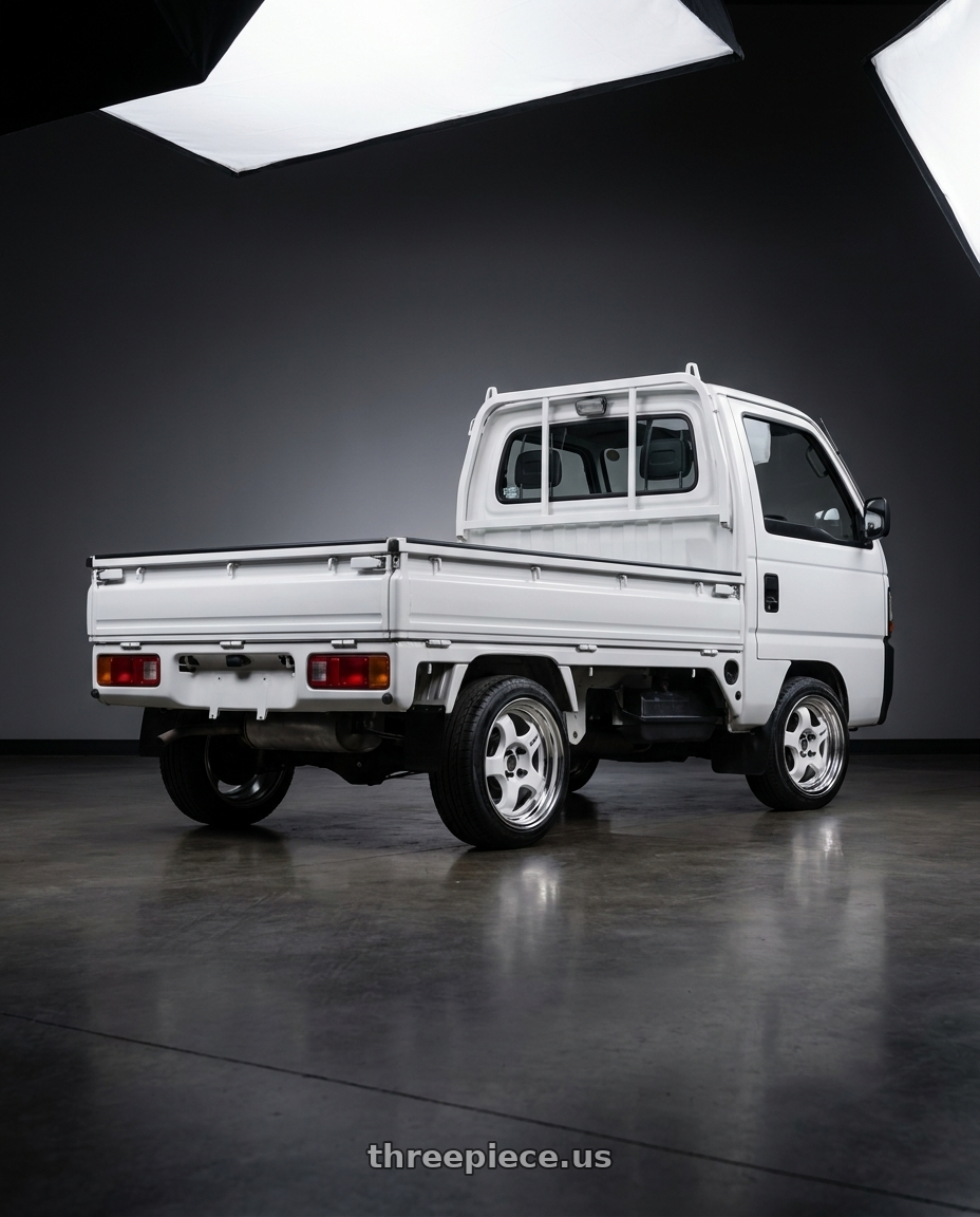 1995 Honda Acty with Work Meister S1 2P 4x100 15x8+0 O Disk White wheels rear three quarter view slight stretch tires