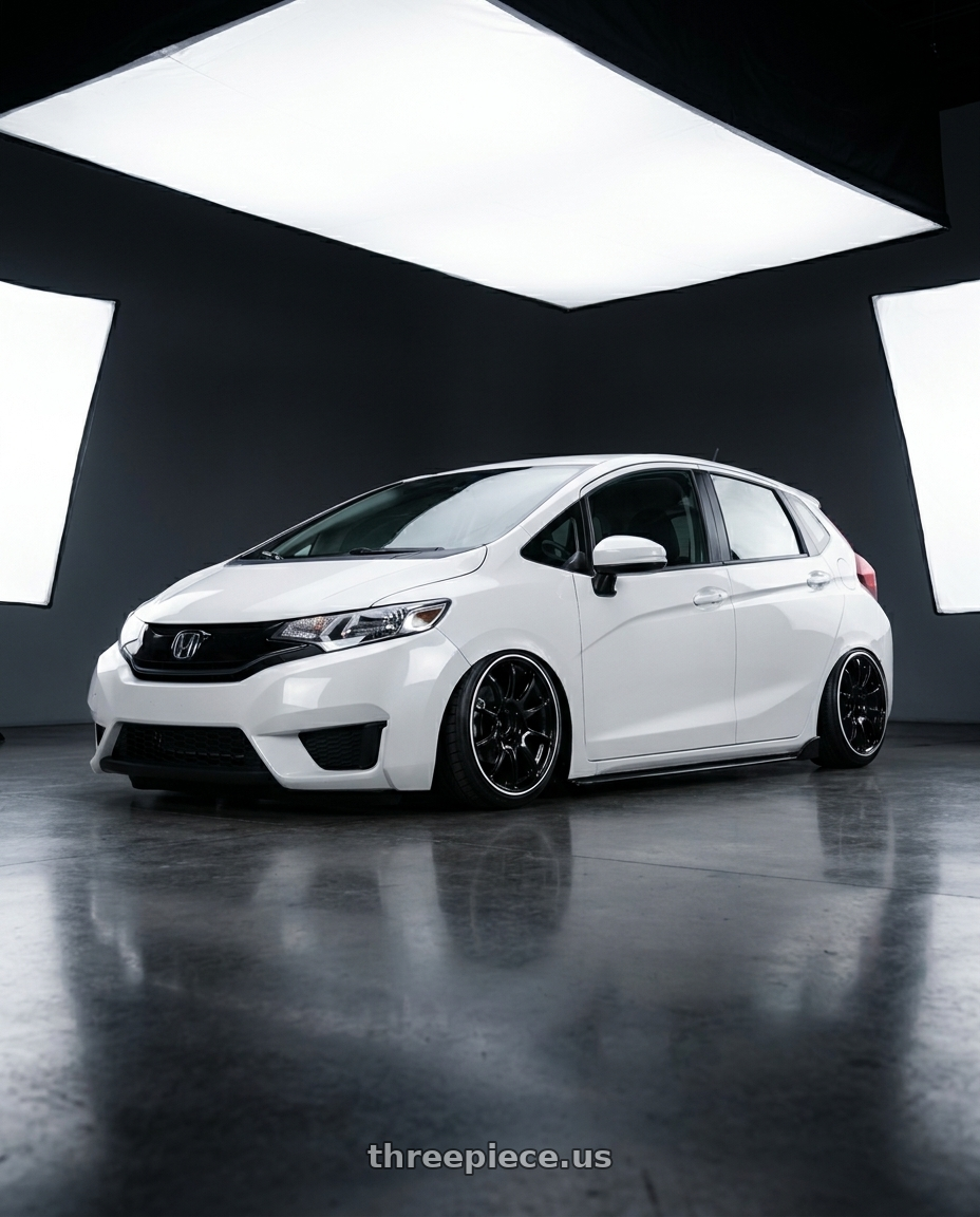 2015 Honda fit white with Advan RZ II 4x100 17x7.0+47 Racing Gloss Black and Ring wheels
