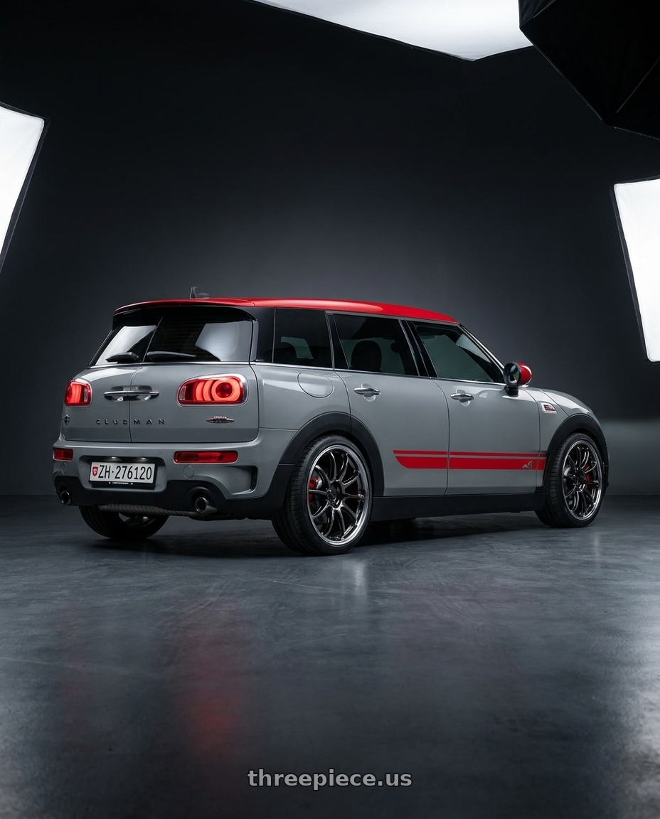 2017 MINI Clubman JCW with Work Emotion Zr10 5x112 18x8.5 +47 Glim Black Diamond Rim cut wheels rear three quarter view square tires
