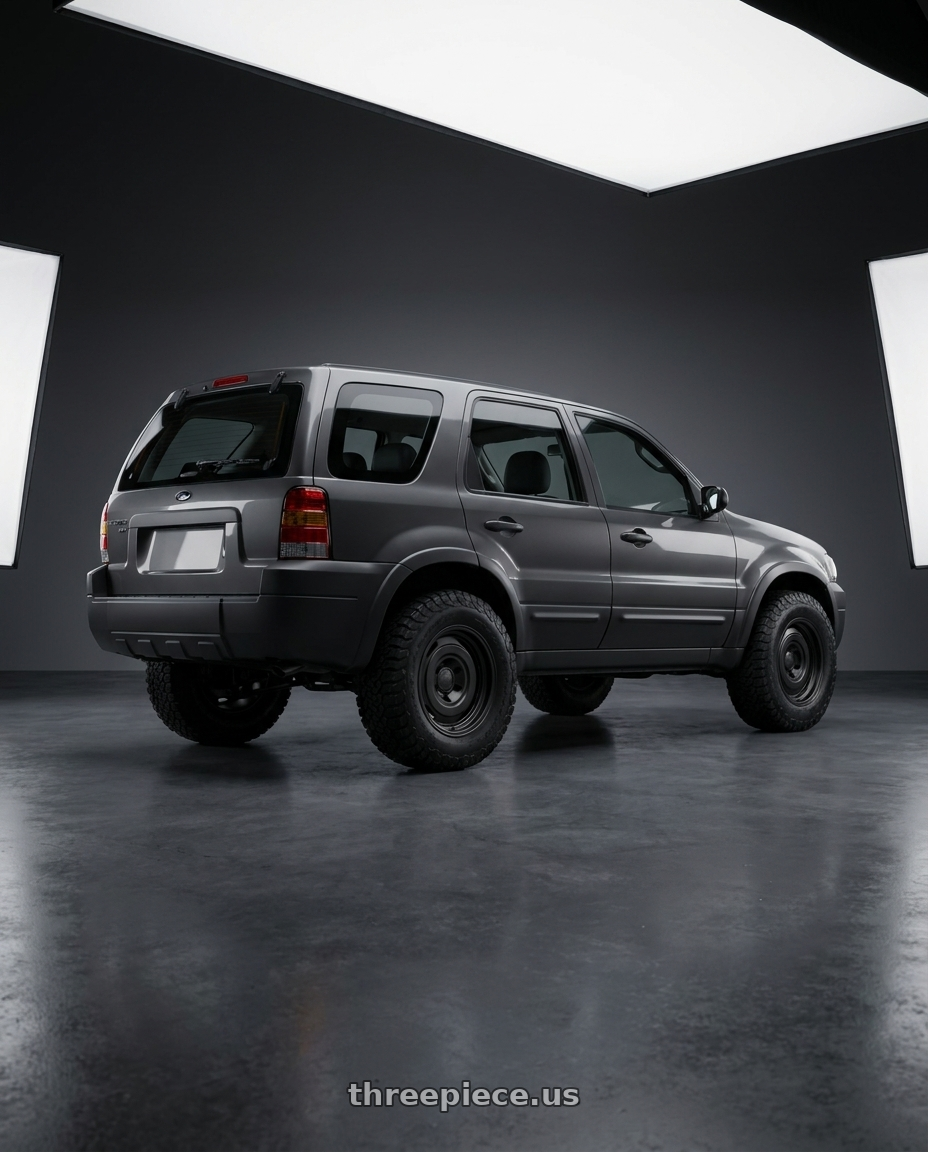 2003 Ford Escape 2.0 with fifteen52 ANALOG HD 5x127 17x8.5 +0 ASPHALT BLACK (SATIN BLACK) wheels rear three quarter view meaty tires