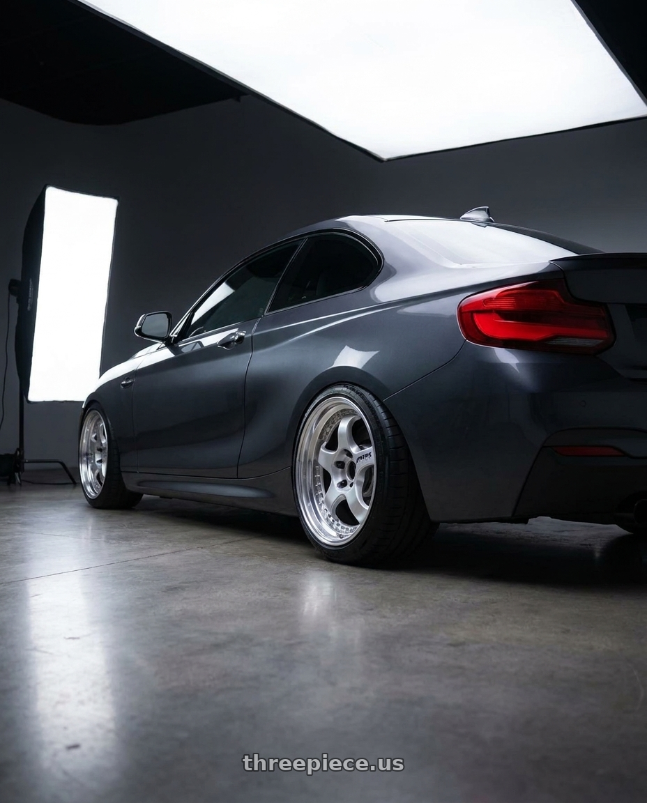 2017 bmw m240i with Work Meister S1 3P 5x120 18x8.5+50 R Disk Silver wheels rear three quarter view square tires