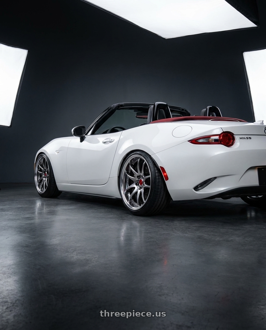 2020 mazda mx5 miata 100th with Work Cr 2P 4x100 17x8.0 +38 GT Silver wheels rear three quarter view slight stretch tires