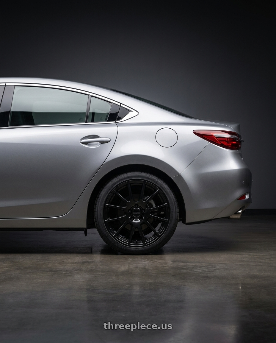 2027 Mazda 6 with Vision Street-Designs 18 Hellion 4x100 14x5.5+38 Gloss Black wheels rear three quarter view square tires