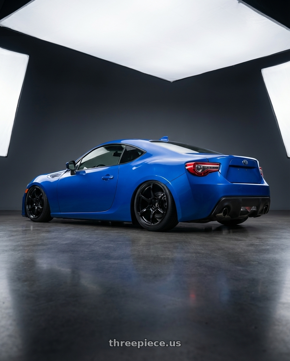 2017 Subaru BRZ with Advan RGIII 5x100 18x8.0+47 Gloss Black wheels rear three quarter view slight stretch tires