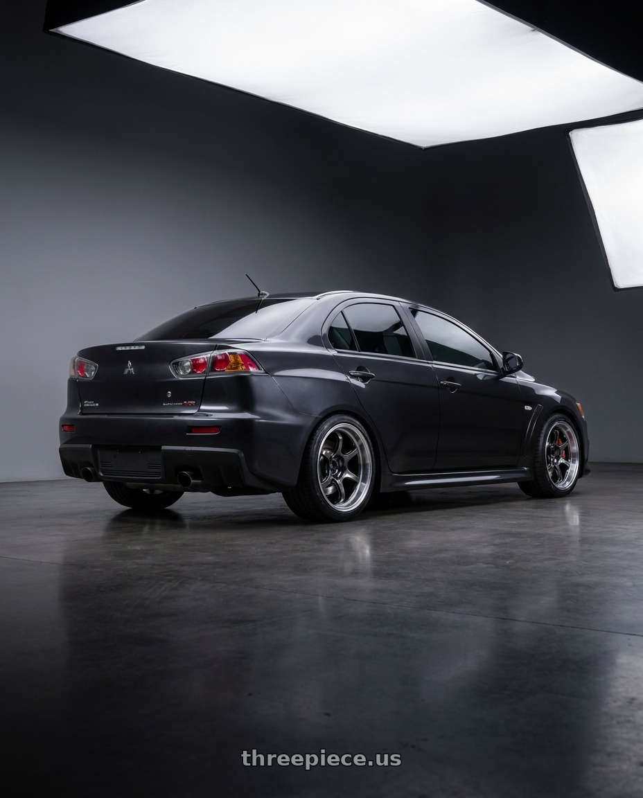 2014 Mitsubishi Lancer Evolution MR with Advan Racing R6 5x114.3 18x9.5 +29 MACHINING & HYPER PLATINUM BLACK wheels rear three quarter view square tires