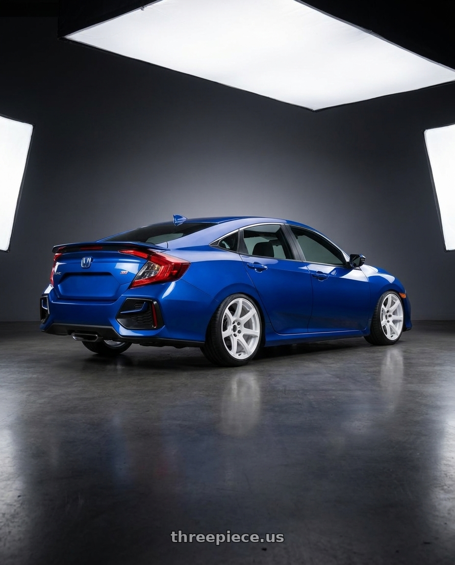 2020 Honda civic si with Work Emotion T7r 5x100 18x10.5 +12 White wheels rear three quarter view slight stretch tires